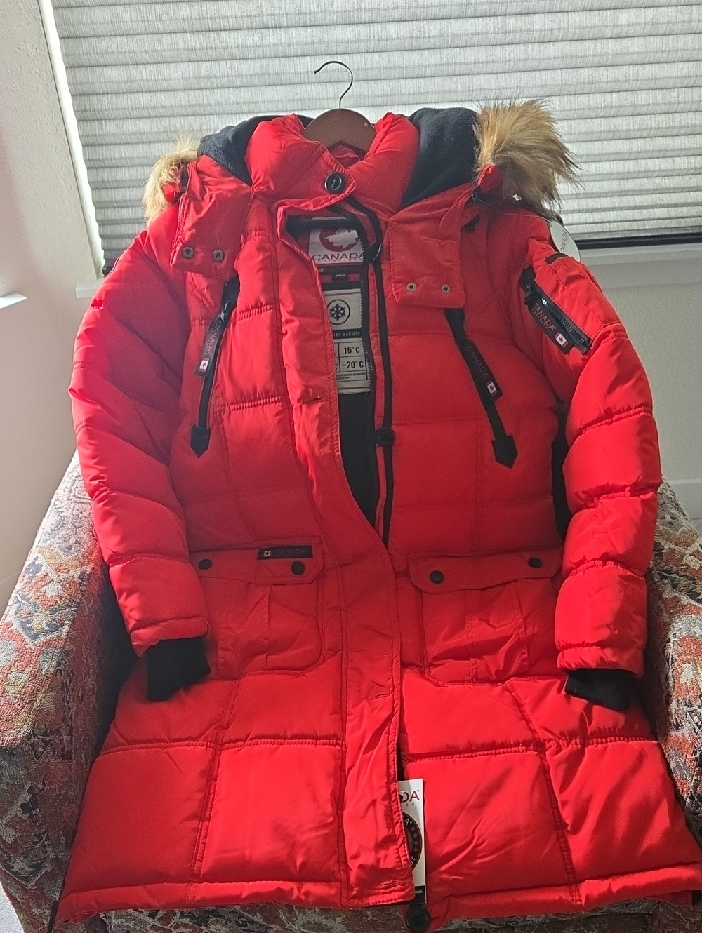 Women's Red Parka Coat with Faux Fur Hood - Canada Brand